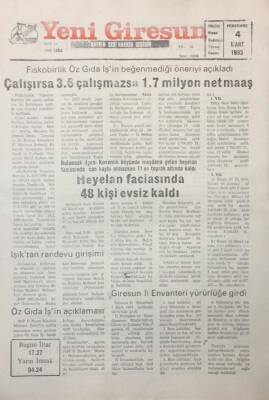 Yeni Giresun Gazetesi 4 Mart 1993 Fiskobirlik Öz Gıda İşin Beğenmediği Öneriyi Açıkladı GZ25655 - 1