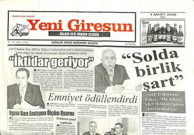 Yeni Giresun Gazetesi 4 Mart 2008 - SHP Solda Birlik Şart GZ101954 - 1