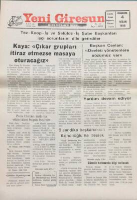 Yeni Giresun Gazetesi 4 Nisan 1996-9 Sendika Başkanından Kondiloğluna Destek GZ14039 - 1