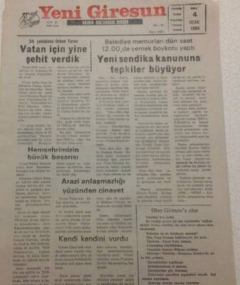 Yeni Giresun Gazetesi 4 Ocak 1994 - Yeni Sendika Kanununa Tepkiler Büyüyor GZ38209 - 1
