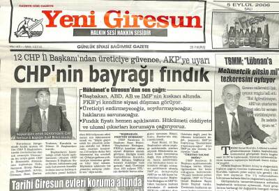 Yeni Giresun Gazetesi 5 Eylül 2006 - CHPnin Bayrağı Fındık GZ108838 - 1