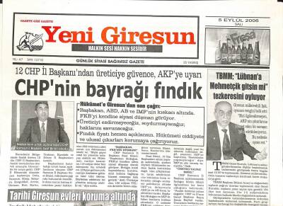 Yeni Giresun Gazetesi 5 Eylül 2006 - Tarihi Giresun Evleri Koruma Altında GZ107841 - 1