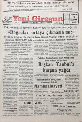 Yeni Giresun Gazetesi 5 Haziran 1995 Başkan Ahmet Yanbula Kurşun Yağdı GZ30231 - 1