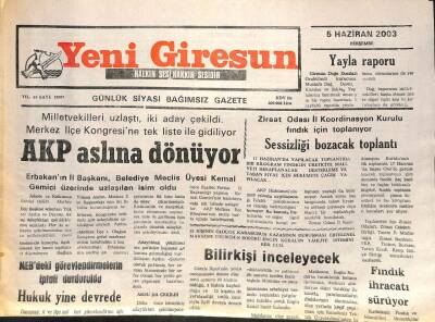 Yeni Giresun Gazetesi 5 Haziran 2003 - AKP Aslına Dönüyor GZ101750 - 2