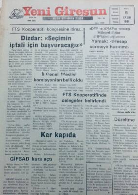 Yeni Giresun Gazetesi 5 Kasım 1991 - FTS Kooperatifi Kongresine İtiraz GZ41351 - 1