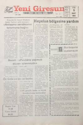 Yeni Giresun Gazetesi 5 Mart 1993 Bozali Fındıkta Yağmalı Düzen İşlenmiştir GZ25656 - 1
