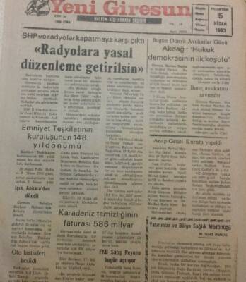 Yeni Giresun Gazetesi 5 Nisan 1993 - Radyolara Yasal Düzenleme Getirilsin GZ38493 - 1