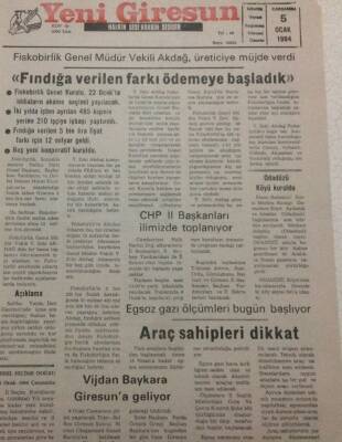 Yeni Giresun Gazetesi 5 Ocak 1994 - Fındığa Verilen Farkı Fiskobirlik Ödemeye Başladı GZ38212 - 1