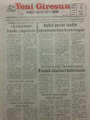 Yeni Giresun Gazetesi 5 Şubat 1993 - Fındık Alanları Belirlendi GZ34625 - 1