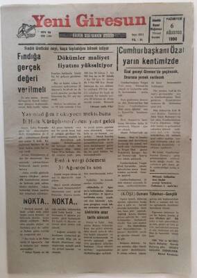 Yeni Giresun Gazetesi 6 Ağustos 1990 - Cumhurbaşkanı Özal Yarın Kentimizde GZ31106 - 1