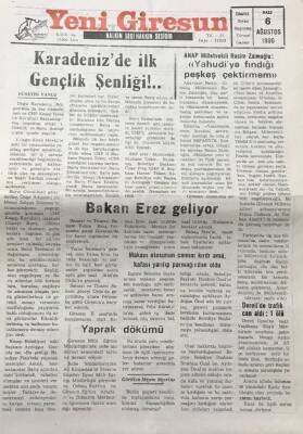 Yeni Giresun Gazetesi 6 Ağustos 1996Karadenizde İlk Gençlik Şenliği GZ30377 - 1