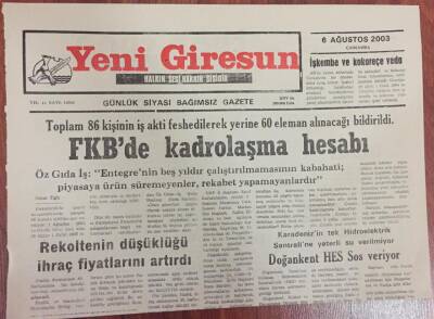 Yeni Giresun Gazetesi 6 Ağustos 2003 - FKBde Kadrolaşma Hesabı GZ13455 - 2
