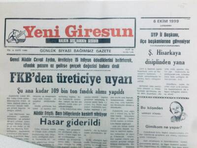 Yeni Giresun Gazetesi 6 Ekim 1999 - FKBden Üreticiye Uyarı GZ41370 - 1