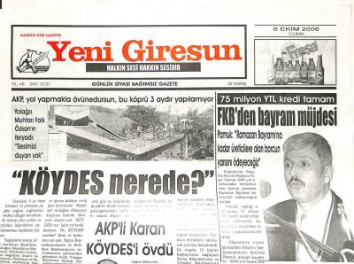 Yeni Giresun Gazetesi 6 Ekim 2006 - CHP Başbakan Köylüleri Rencide Etti GZ107914 - 1