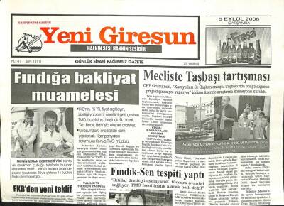 Yeni Giresun Gazetesi 6 Eylül 2006 - Fındığa Bakliyat Muamelesi GZ101860 - 1