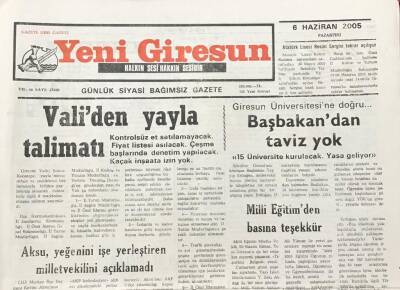 Yeni Giresun Gazetesi 6 Haziran 2005 Kerim Aksu Yeğenini İşe Yerleştiren Milletvekilini Açıklamadı GZ30341 - 1