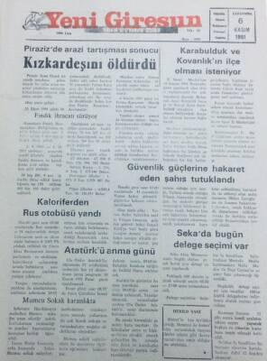 Yeni Giresun Gazetesi 6 Kasım 1991 - Kızkardeşini Öldürdü GZ41350 - 1
