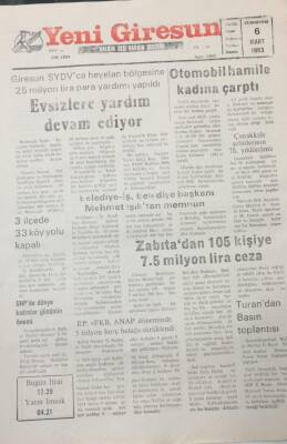 Yeni Giresun Gazetesi 6 Mart 1993 Zabıtadan 105 Kişiye 7.5 Milyon Lira Ceza GZ25657 - 1