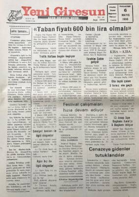 Yeni Giresun Gazetesi 6 Mayıs 1996 Taban Fiyatı 600 Bin Lira Olmalı GZ30536 - 1