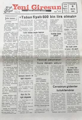 Yeni Giresun Gazetesi 6 Mayıs 1996 Tansu Çiller 10 Mayısta Giresuna Geliyor GZ30407 - 1