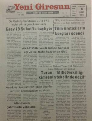 Yeni Giresun Gazetesi 6 Şubat 1993 - Grev 19 Şubatta Başlıyor GZ34624 - 1