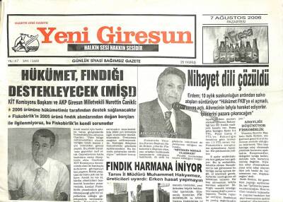 Yeni Giresun Gazetesi 7 Ağustos 2006 - Canikli Hükümet Fındığı Destekleyecek GZ101902 - 1