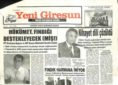 Yeni Giresun Gazetesi 7 Ağustos 2006 - Fındık Harmana İniyor GZ101903 - 2