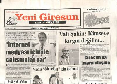 Yeni Giresun Gazetesi 7 Ağustos 2013 - Vali Şahin Kimseye Kırgın Değilim GZ107901 - 1