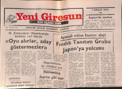 Yeni Giresun Gazetesi 7 Aralık 1999 - Fındık Tanıtım Grubu Japonya Yolcusu GZ77978 - 1