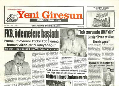 Yeni Giresun Gazetesi 7 Ekim 2006 - FKB Ödemelere Başladı GZ101930 - 1