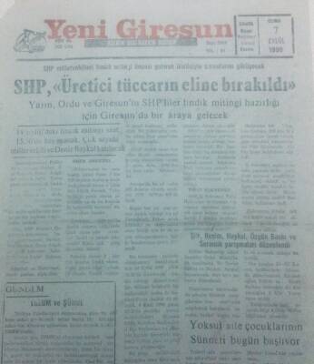 Yeni Giresun Gazetesi 7 Eylül 1990 - SHP Üretici Tüccarın Eline Bırakıldı GZ42192 - 1