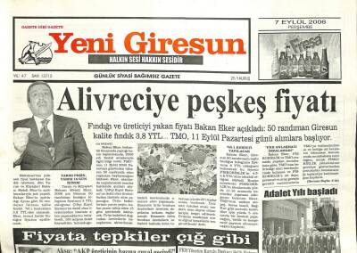 Yeni Giresun Gazetesi 7 Eylül 2006 - Alivreciye Peşkeş Fiyatı GZ101859 - 2