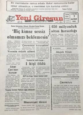Yeni Giresun Gazetesi 7 Haziran 1995 650 Milyonluk Altın Hırsızlığı GZ30248 - 1