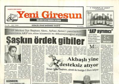 Yeni Giresun Gazetesi 7 Temmuz 2007 - Akbaşlı Yine Desteksiz Atıyor GZ101768 - 1