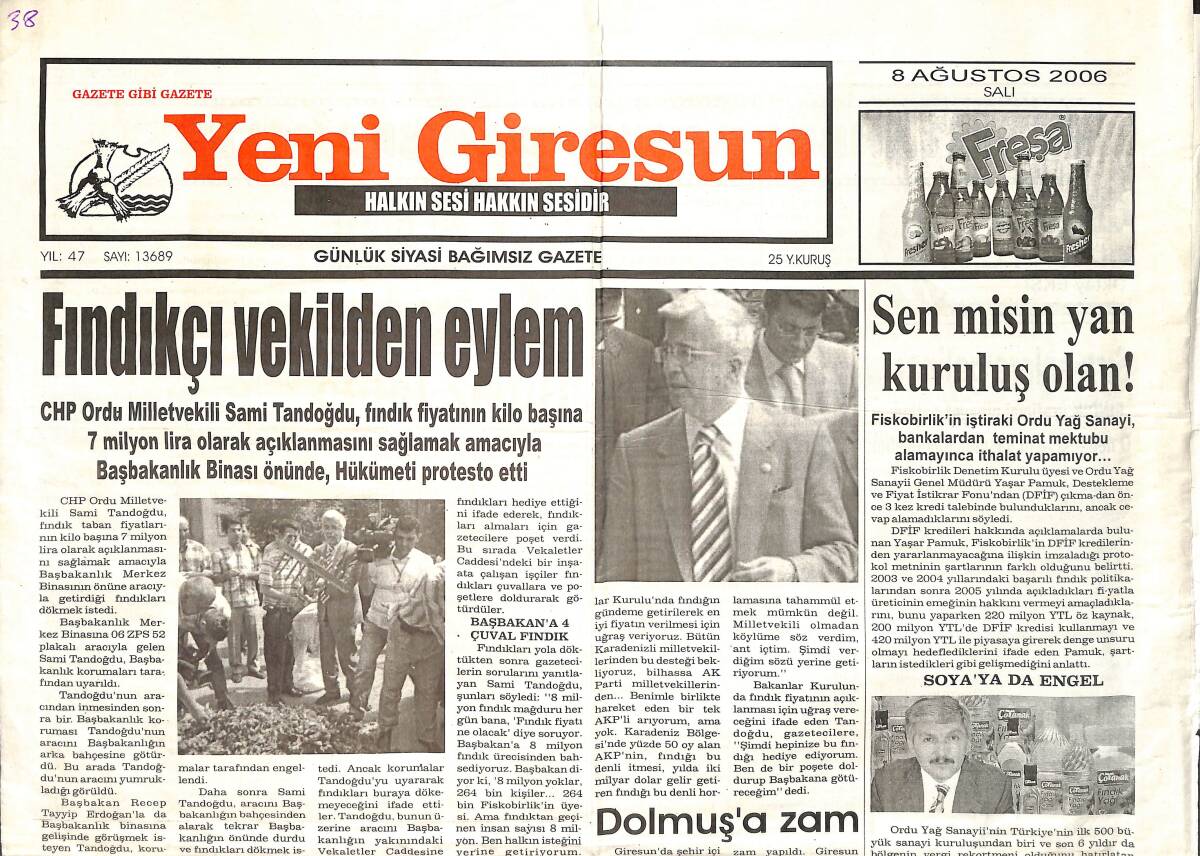 Yeni Giresun Gazetesi 8 Ağustos 2006 - Fındık İhracat Geliri 2 Milyar Dolar Sınırında - Giresun Üç Puana Gidecek GZ3365 - 1