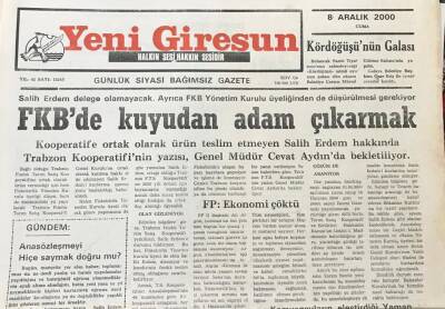 Yeni Giresun Gazetesi 8 Aralık 2000 Salih Erdem Delege Olamayacak GZ30307 - 1