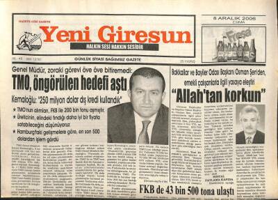 Yeni Giresun Gazetesi 8 Aralık 2006 - TMO Öngörülen Hedefi Aştı GZ101809 - 1
