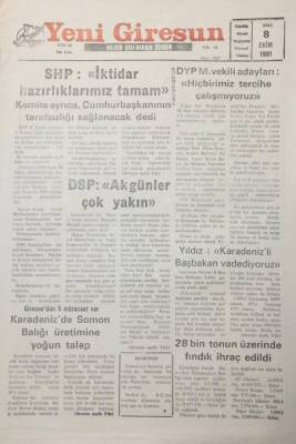 Yeni Giresun Gazetesi 8 Ekim 1991 Bahtiyar Yıldız Karadenizli Başbakan Vadediyoruz GZ25633 - 1