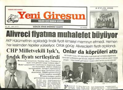 Yeni Giresun Gazetesi 8 Eylül 2006 - Alivreci Fiyatına Muhalefet Büyüyor GZ101858 - 1