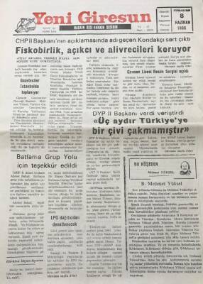 Yeni Giresun Gazetesi 8 Haziran 1996 Fiskobirlik ,Açıkçı Ve Alivrecileri Koruyor GZ30519 - 1