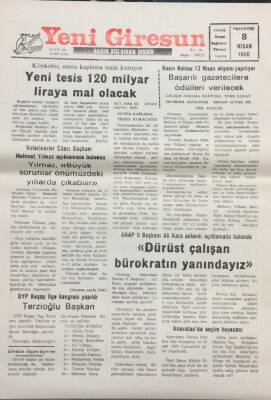 Yeni Giresun Gazetesi 8 Nisan 1996- Yeni Tesis 120 Milyar Liraya Mal Olacak GZ14042 - 2
