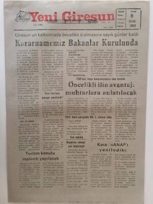 Yeni Giresun Gazetesi 8 Ocak 1993 - Giresunun Kalkınmada Öncelikli İl Olmasına Sayılı Günler Kaldı Kararnamemiz Bakanlar Kurulunda GZ31117 - 1
