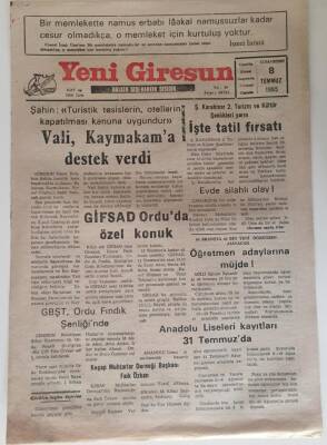 Yeni Giresun Gazetesi 8 Temmuz 1995 - Vali , Kaymakama Destek Verdi , GİFSAD Orduda Özel Konuk GZ31046 - 1