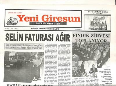Yeni Giresun Gazetesi 8 Temmuz 2006 - Selin Faturası Ağır GZ108569 - 1