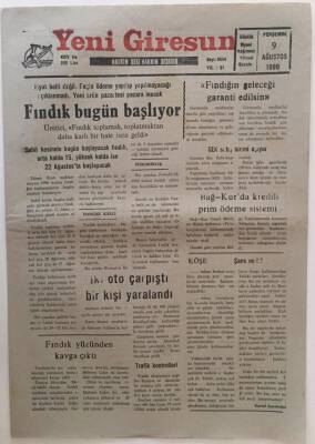 Yeni Giresun Gazetesi 9 Ağustos 1990 - Fındık Bugün Başlıyor GZ31107 - 1