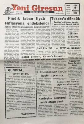 Yeni Giresun Gazetesi 9 Ağustos 1996 Fındık Taban Fiyatı Enflasyona Endekslendi GZ30489 - 1