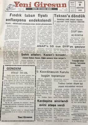Yeni Giresun Gazetesi 9 Ağustos 1996 Sokakbaşındaki Cinayet Olayında 17 Yaşındaki Faruk Taşdemir Öldürüldü GZ30393 - 1