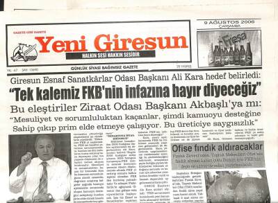 Yeni Giresun Gazetesi 9 Ağustos 2006 - TMOya Fındık Aldıracaklar GZ108596 - 1