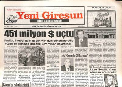 Yeni Giresun Gazetesi 9 Aralık 2006 - 451 Milyon Dolar Uçtu GZ107967 - 1