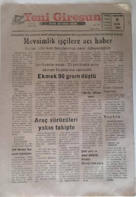 Yeni Giresun Gazetesi 9 Ekim 1993 - Mevsimlik İşçilere Acı Haber GZ31030 - 1